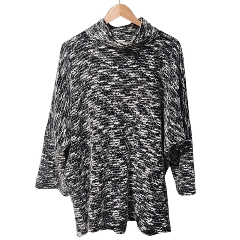 NATORI VINTAGE Fuzzy Wool Sweater 1X Mock Neck Black White Nylon Tunic Length - Picture 4 of 15